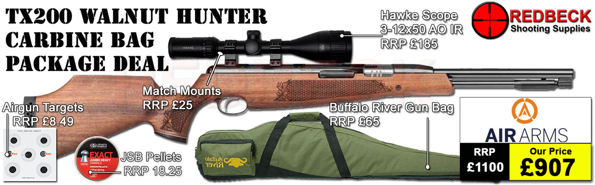Air Arms TX200 HC Walnut air rifle
Hawke 3-12x50 AO IR Scope
Match Mounts
Buffalo River Gun Bag