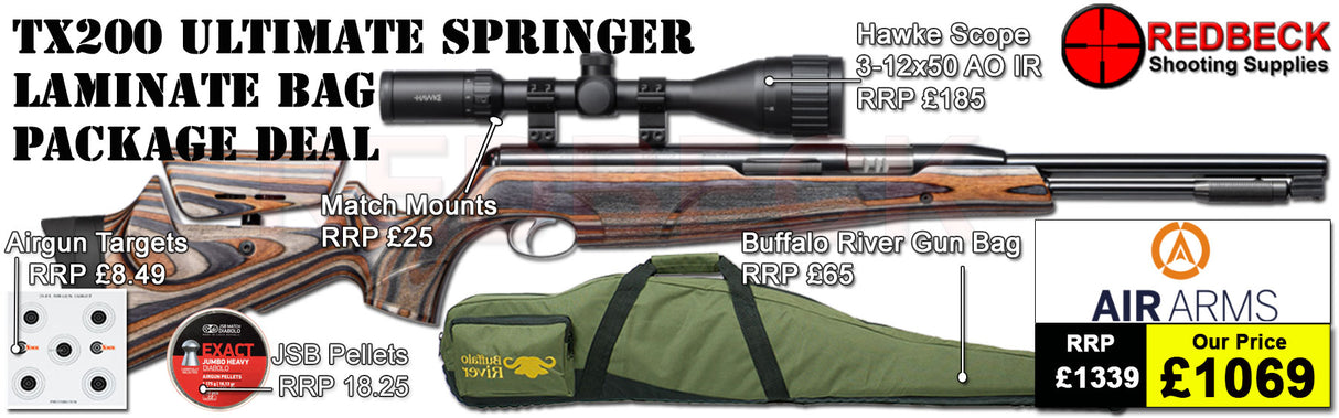 Air Arms TX200HC Hunter Carbine Ultimate Springer Laminate Stock air rifle
Hawke 3-12x50 AO IR Scope
Match Mounts
Buffalo River Gun Bag
JSB Pellets
Targets