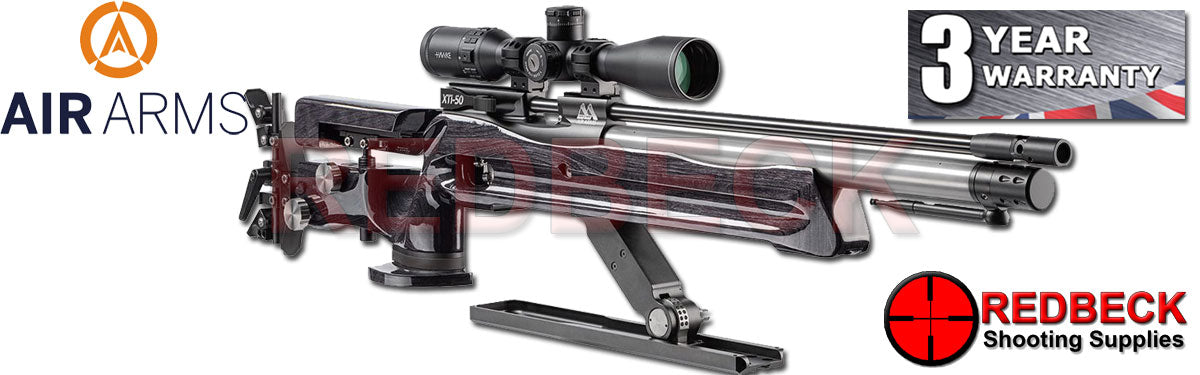 The Air Arms XTi-50 HFT Hunter Field Target air rifle is a purpose-designed, ultra-high specification, Hunter Field Target competition airgun. Shown here in an angled view with black laminate stock.