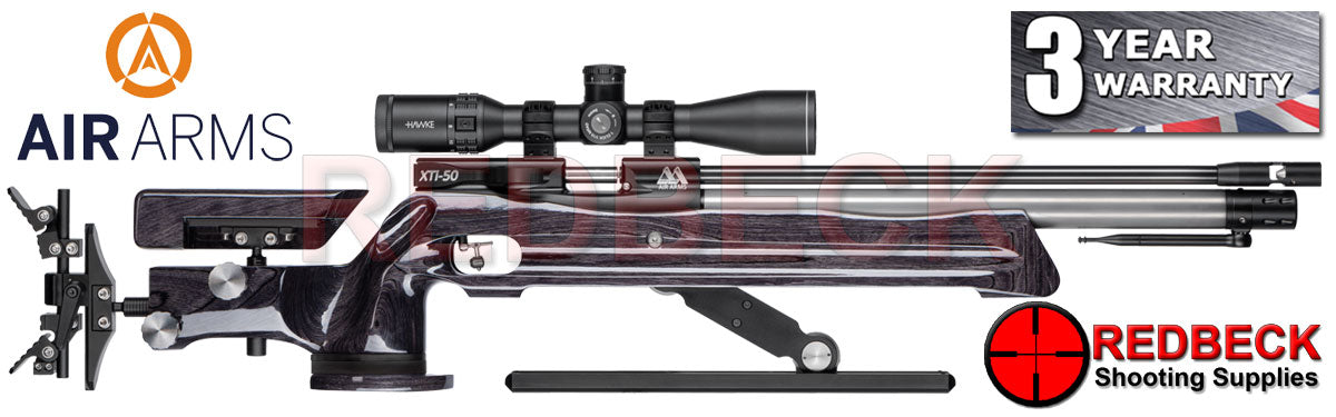 The Air Arms XTi-50 HFT Hunter Field Target air rifle is a purpose-designed, ultra-high specification, Hunter Field Target competition airgun. Shown here in an RH view with black laminate stock.