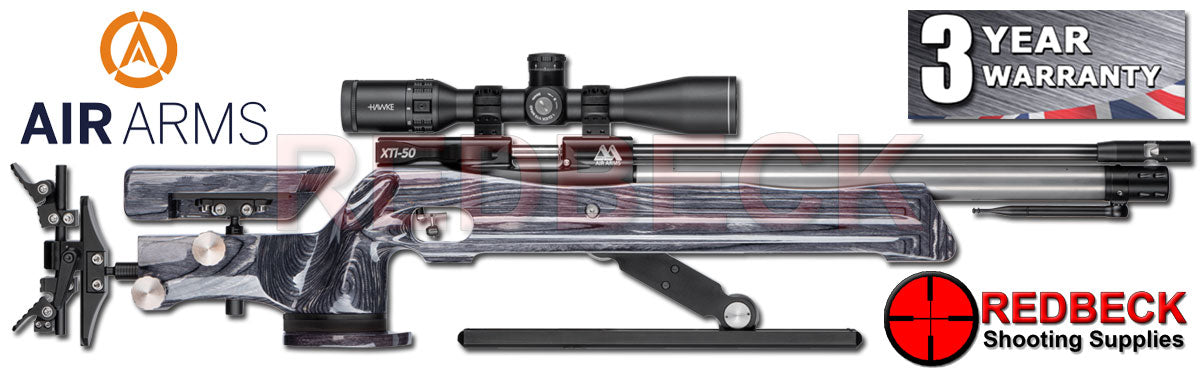 The Air Arms XTi-50 HFT Hunter Field Target air rifle is a purpose-designed, ultra-high specification, Hunter Field Target competition airgun. Shown here in an RH view with grey laminate stock.