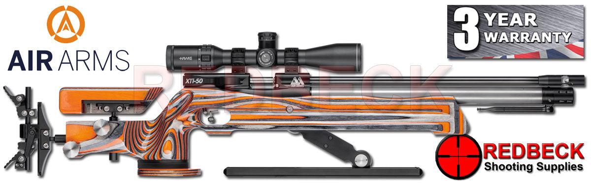 The Air Arms XTi-50 HFT Hunter Field Target air rifle is a purpose-designed, ultra-high specification, Hunter Field Target competition airgun. Shown here in an RH view with orange laminate stock.