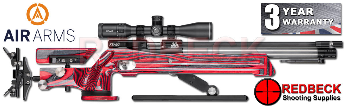 The Air Arms XTi-50 HFT Hunter Field Target air rifle is a purpose-designed, ultra-high specification, Hunter Field Target competition airgun. Shown here in an RH view with red laminate stock.