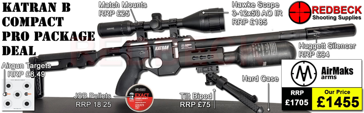Air Maks Katran B Compact air rifle with black tactical stock Po Hardcase Package Deal. This package comes with weaver bipod, hawke 3-12x50 scope, match mounts, huggett belita silencer, pellets and targets.