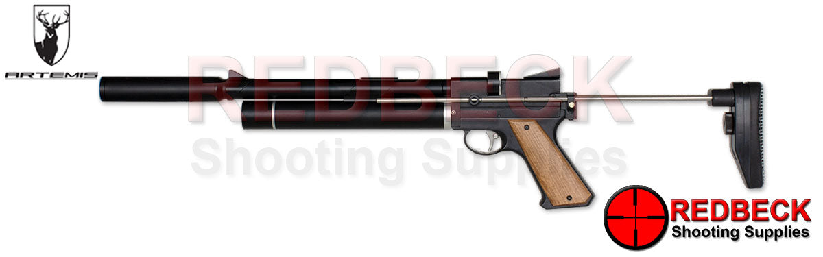 ARTEMIS PP750L Left Hand Side View Showing The Air Pistol With The Moderator Attached That Is Included In The Box.