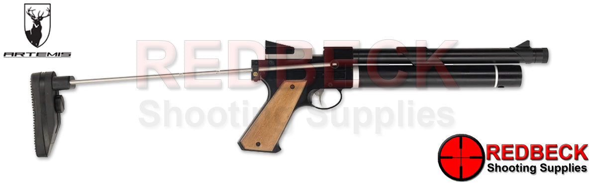 ARTEMIS PP750L Right Hand Side View Showing The Air Pistol With The Stock Fully Extended And The Moderator Removed.