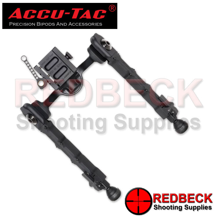 Accu-Tac FC-5 Rifle And Air Rifle Bipod G2 Quick Detach Arca Spec Angled Top View Showing The Skeleton Design Of The Quick Release Lever And The Arca Mount.