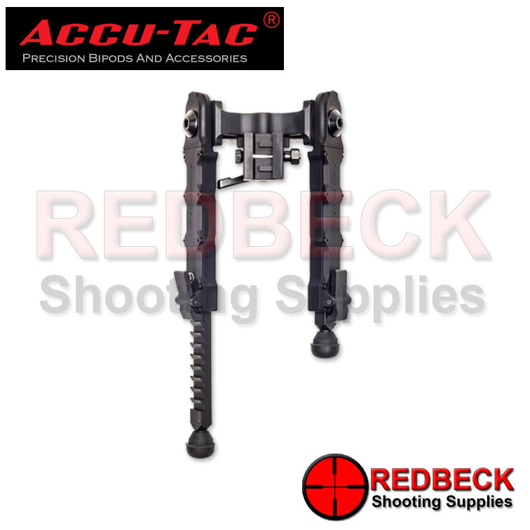 Accu-Tac HD-50 Rifle And Air Rifle Bipod 7-10 Inch Top Extended View Showing An Overall Look Of The Bipod This Includes One Of The Legs In Its Fully Extended Position And One Collapsed.