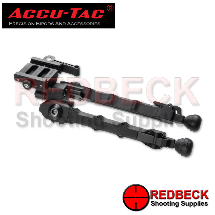 Accu-Tac SR5 G2 Air Rifle And Rifle Arca Spec QD Bipod Front Angled View Showing An Overall Look Of The Bipod And The Accu-Tec Engraving Located On The Side Of The Bipod.