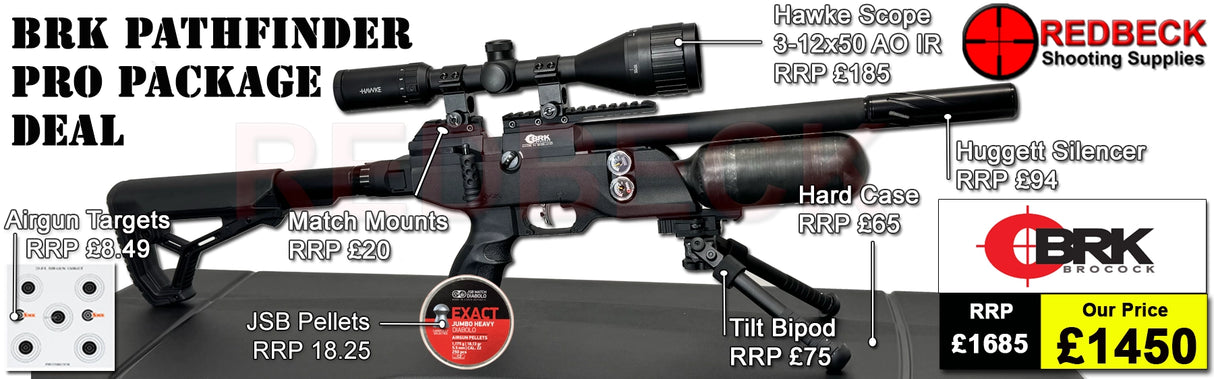 BRK BROCOCK PATHFINDER PRO AIR RIFLE PACKAGE DEAL COMES WITH HAWKE 3-12X50 SCOPE, MATCH MOUNTS, HUGGETT SILENCER, WEAVER BIPOD, HARDCASE, PELLETS AND TARGETS.
