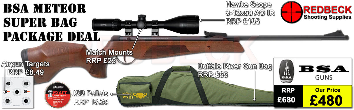 BSA Meteor Superbreak barrel air rifle in package deal including Hawke scope, bag, pellets and targets