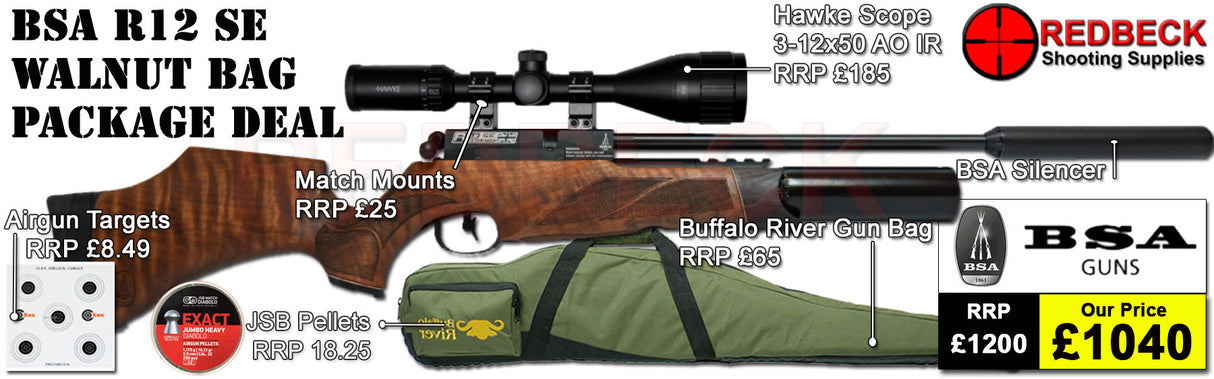 BSA R12 SE AIR RIFLE WITH WALNUT STOCK BAG PACKAGE DEAL. THIS PACKAGE DEAL INCLUDES THE BSA r12 walnut airgun, hawke 3-12x50 AO IR scope, match mounts, quality gun bag pellets and targets.