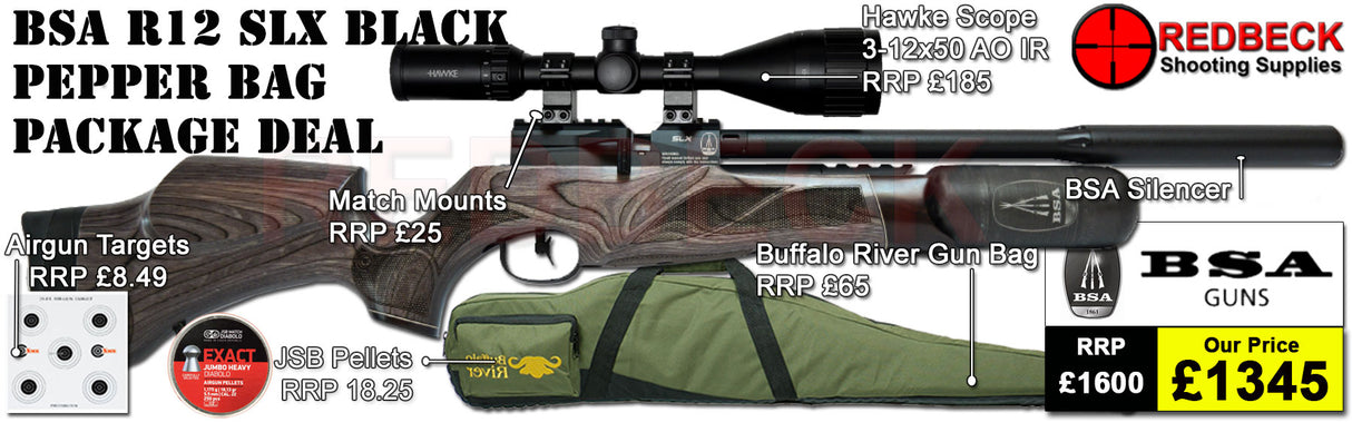 BSA R12 SLX AIR RIFLE WITH BLACK PEPPER LAMINATE STOCK AND CARBON BOTTLE, BAG PACKAGE DEAL. THIS PACKAGE DEAL INCLUDES THE BSA r12 BLACK PEPPER LAMINATE airgun, hawke 3-12x50 AO IR scope, match mounts, quality gun bag pellets and targets.