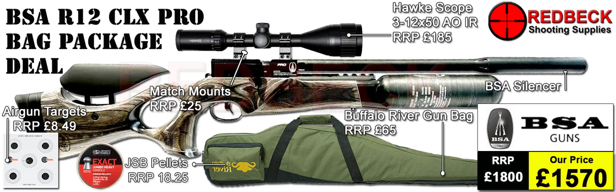 BSA R12 CLX PRO AIR RIFLE WITH Laminate STOCK AND CARBON BOTTLE BAG PACKAGE DEAL. THIS PACKAGE DEAL INCLUDES THE BSA R12 Laminate airgun, hawke 3-12x50 AO IR scope, match mounts, quality gun bag pellets and targets.