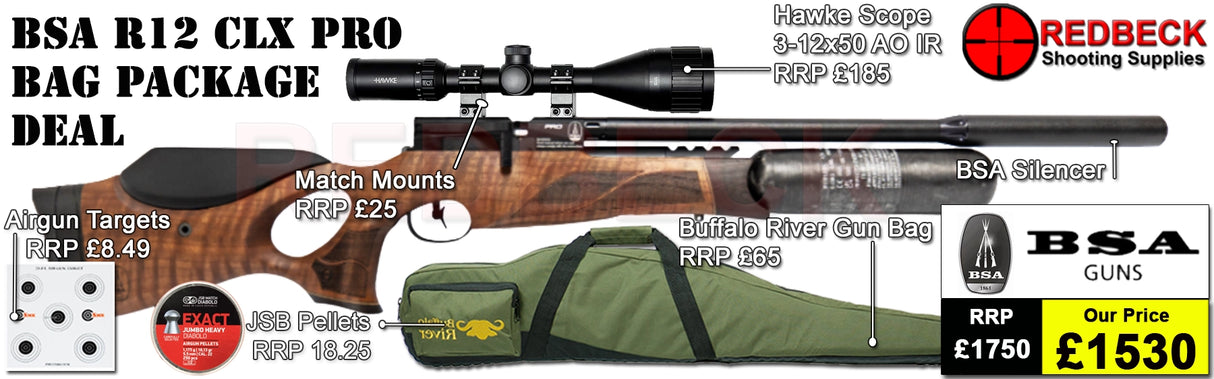BSA R12 CLX PRO AIR RIFLE WITH WALNUT STOCK AND CARBON BOTTLE, BAG PACKAGE DEAL. THIS PACKAGE DEAL INCLUDES THE BSA r12 walnut airgun, hawke 3-12x50 AO IR scope, match mounts, quality gun bag pellets and targets.