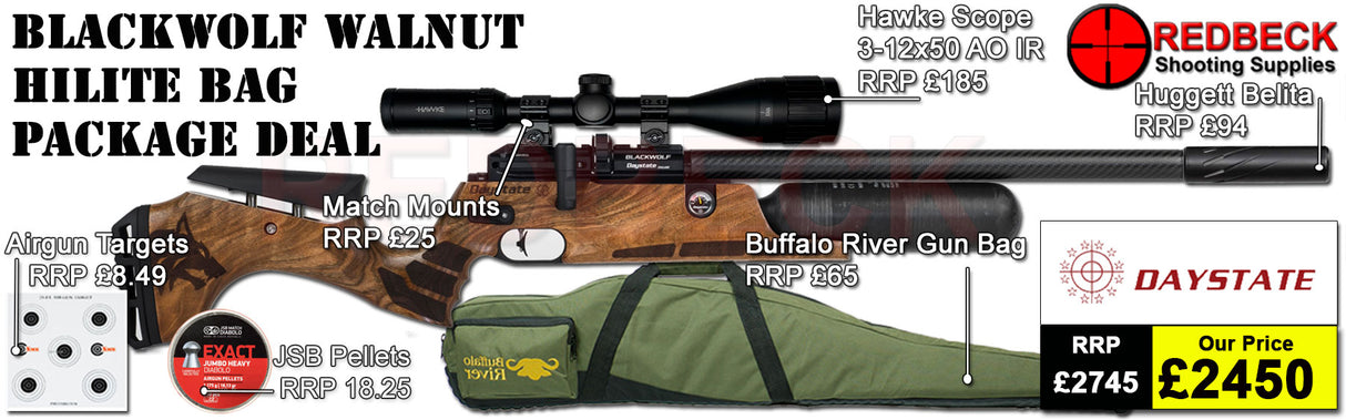 Daystate Black Wolf Walnut Hi Lite Bag Package Deal features a huggett belita, Hawke 3-12x50, Buffalo river gunbag, targets, pellets and match mounts