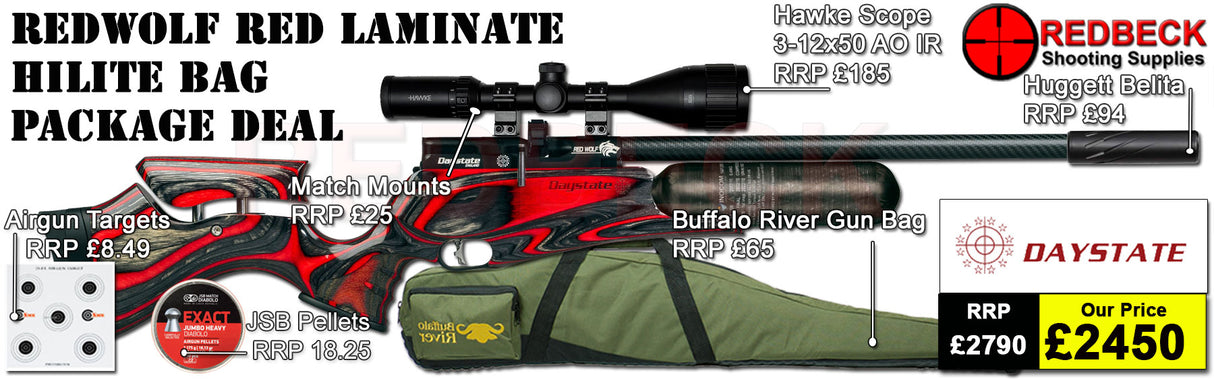 Daystate Red Wolf red Hi Lite Bag Package Deal features a huggett belita, Hawke 3-12x50, Buffalo river gunbag, targets, pellets and match mounts