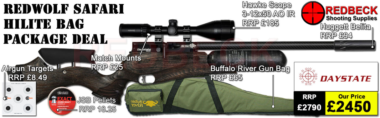 Daystate Red Wolf Safari Hi Lite Bag Package Deal features a huggett belita, Hawke 3-12x50, Buffalo river gunbag, targets, pellets and match mounts