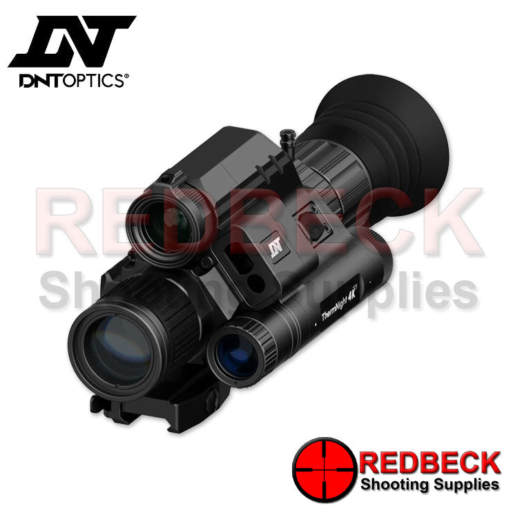 DNT OPTICS ThermNight 4K Thermal Night Vision Scope Angled Front View Showing the front objective lens and the battery compartment.