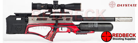 Daystate Alpha Wolf Silver Air Rifle shown from right hand side. Full rifle with optional silver DB Moderator and MTC Scope.