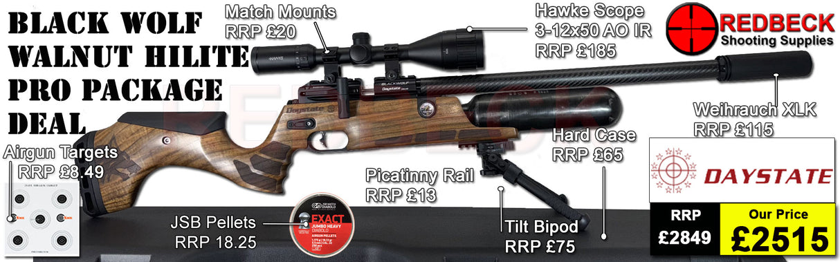 Daystate Black Wolf Walnut Hi Lite pro package deal
Weihrauch XLK Silencer
Hawke 3-12x50 AO IR Scope
Match Mounts
Weaver Mounting Bipod
Picatinny Mlok Adapter