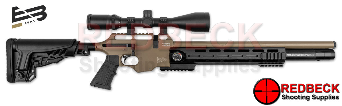 EB ARMS XV2RS FDE AIRRIFLE FULL RIGHT SIDE VIEW Showing The Side Lever And The Regulator Gauge.