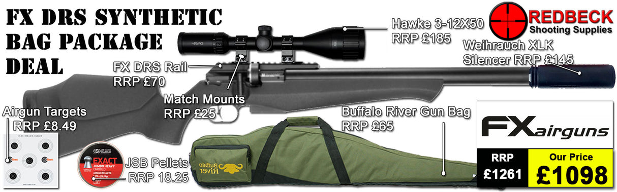 FX DRS Synthetic Air Rifle Bag Package Deal includes:
A fully tested certificated quality rifle.
Manufacturers Guarantee
FX DRS Synthetic Air Rifle
Hawke 3-12x50 AO IR Scope
Match Mounts
Weihrauch XLK Silencer
Magazine
Fill Valve
Buffalo River Gunbag
FX DRS Picatinny Scope rail