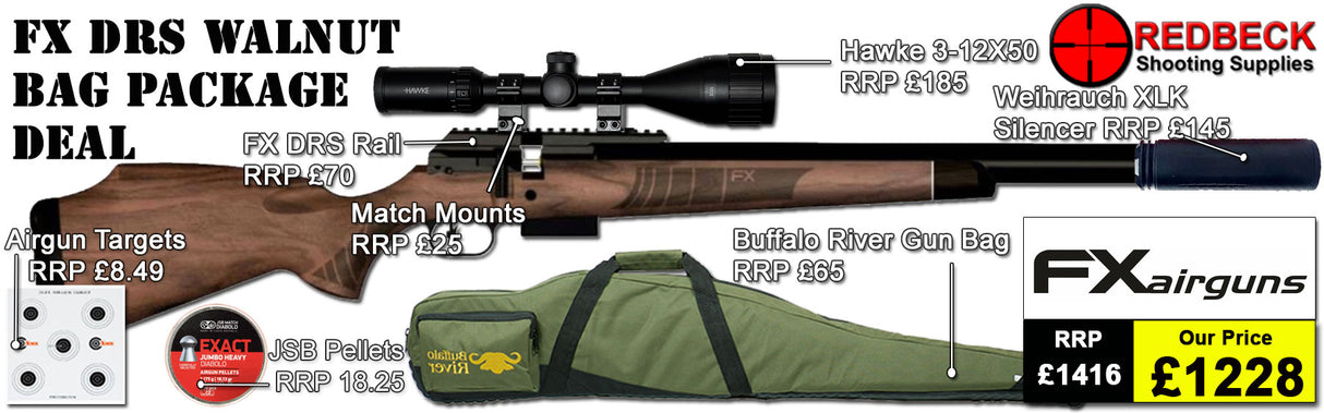 FX DRS Walnut Air Rifle Bag Package Deal includes:
A fully tested certificated quality rifle.
Manufacturers Guarantee
FX DRS Walnut Air Rifle 
Hawke 3-12x50 AO IR Scope
Match Mounts
Weihrauch XLK Silencer
Magazine
Fill Valve
Buffalo River Gunbag
FX DRS Picatinny Scope rail