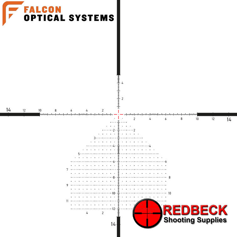 Falcon Optics S40i+ 4-40x58 FFP Reticle View Showing the reticle illuminated.