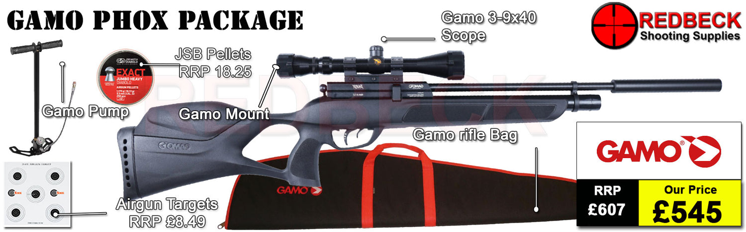 GAMO PHOX AIR RIFLE PACKAGE DEAL INCLUDES AIRGUN, MODERATOR, SCOPE, MOUNTS AND PUMP PLUS A GUN BAG AND TIN OF PELLETS