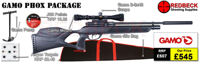 GAMO PHOX AIR RIFLE PACKAGE DEAL INCLUDES AIRGUN, MODERATOR, SCOPE, MOUNTS AND PUMP PLUS A GUN BAG AND TIN OF PELLETS