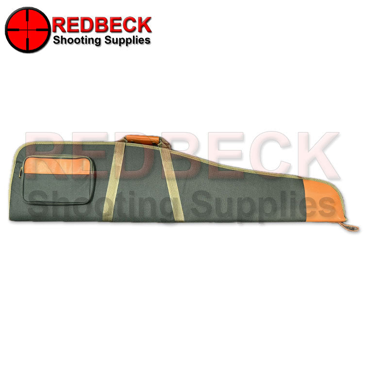 Right hand side view of double scoped rifle bag for carrying two air rifle/ rifle/ guns deluxe gunbag. showing pocket and carry strap in green