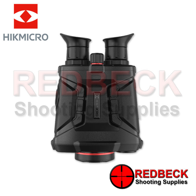 HIKMICRO Raptor RQ50L Thermal Fusion Optical IR LRF Binoculars Top View Showing The Power Button And The Menu Buttons.