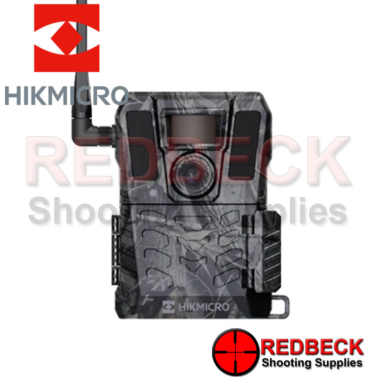 HIK Micro M15 4G Trail Camera shown from front view. Shown with Ariel for transmitting images.