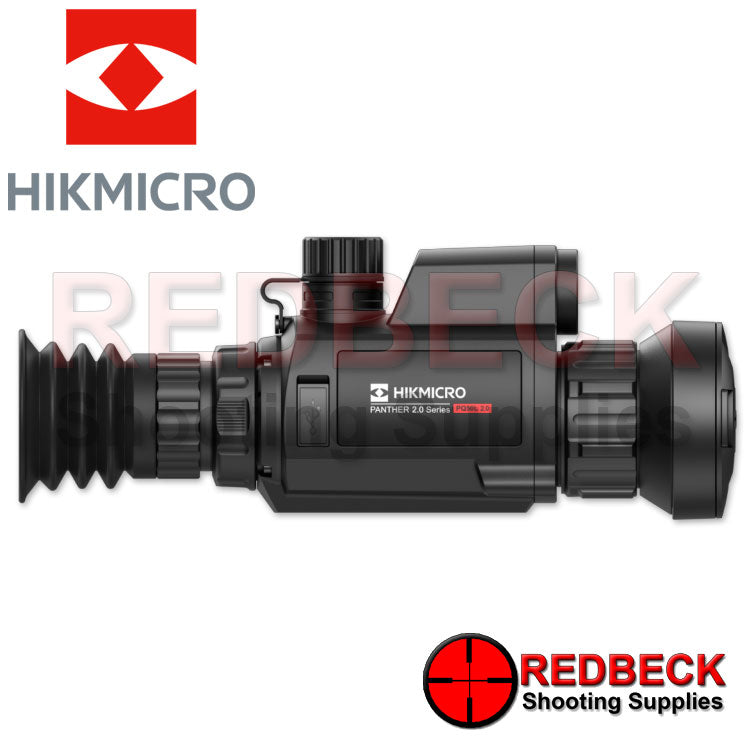 HIKMICRO Panther 2.0 PQ50L Thermal Scope Side View Showing The Charging Port Cover And The Rubber Eye Piece.