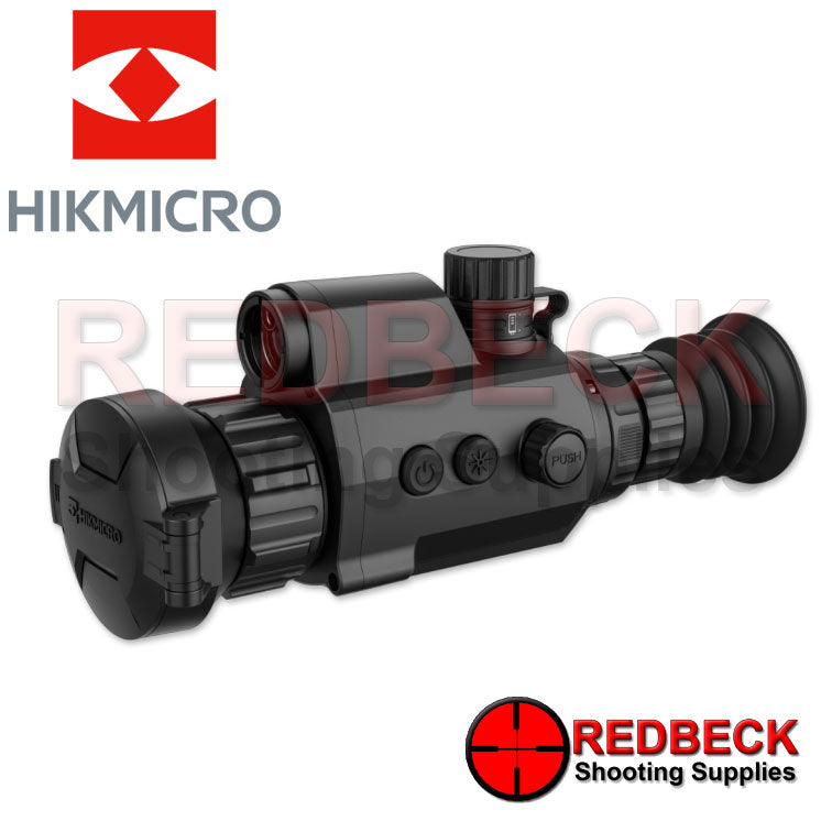 HIKMICRO Panther 2.0 PQ5OL Thermal Scope Front View Showing The Power Button And The Flip Cover.