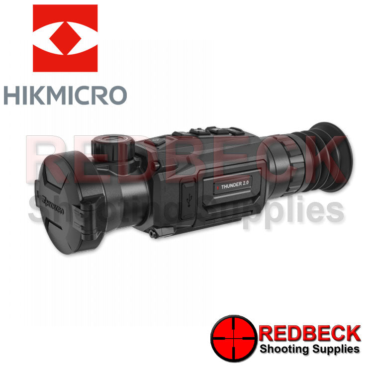 HIKMICRO Thunder 2.0 Pro TQ50 Thermal Rifle Scope Left Hand Side View Showing The Closed Flip Cover And The Focus Knob.