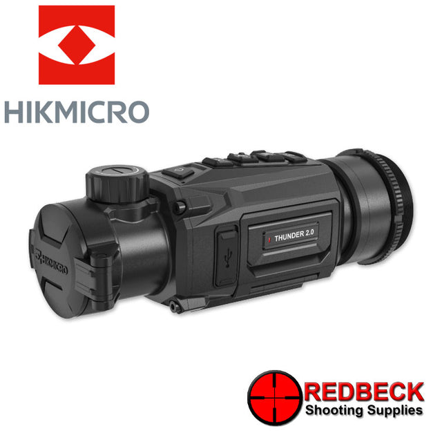 HIKMICRO Thunder 2.0 TH35C Thermal Clip On Scope Left Hand View Showing The Flip Cover And The Focus Knob.