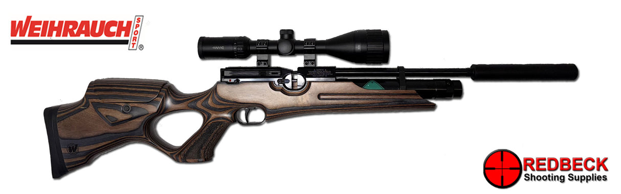 The Weihrauch HW100KT laminate is one of the finest PCP rifles currently available, this is due to the high build quality, superb accuracy from Weihrauchs own barrel, and the super smooth side lever action.