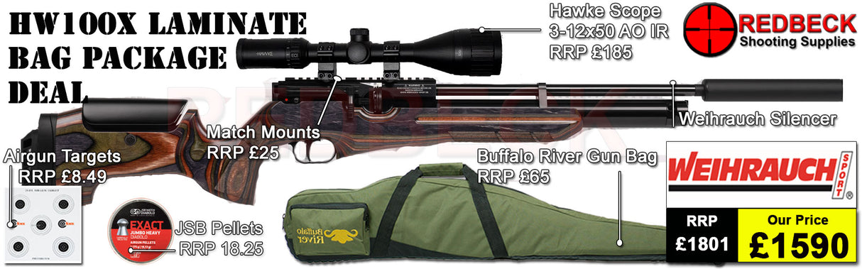HW100X new 2025 Adjustable LAMINATE STOCK AIRRIFLE BAG PACKAGE DEAL INCLUDES HW100KT LAMINATE, 3-12X50 AO IR HAWKE SCOPE, MATCVH MOUNTS, PELLETS TARGETS AND AIRGUN BAG