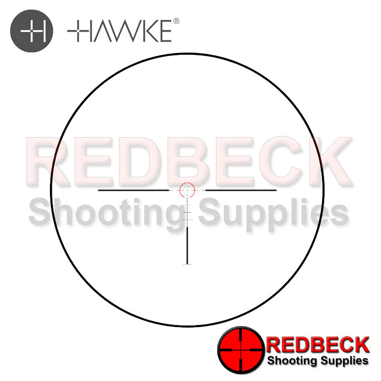Hawke Frontier 30 1-6x24 Tactical Dot Reticle showing the reticle illuminated.