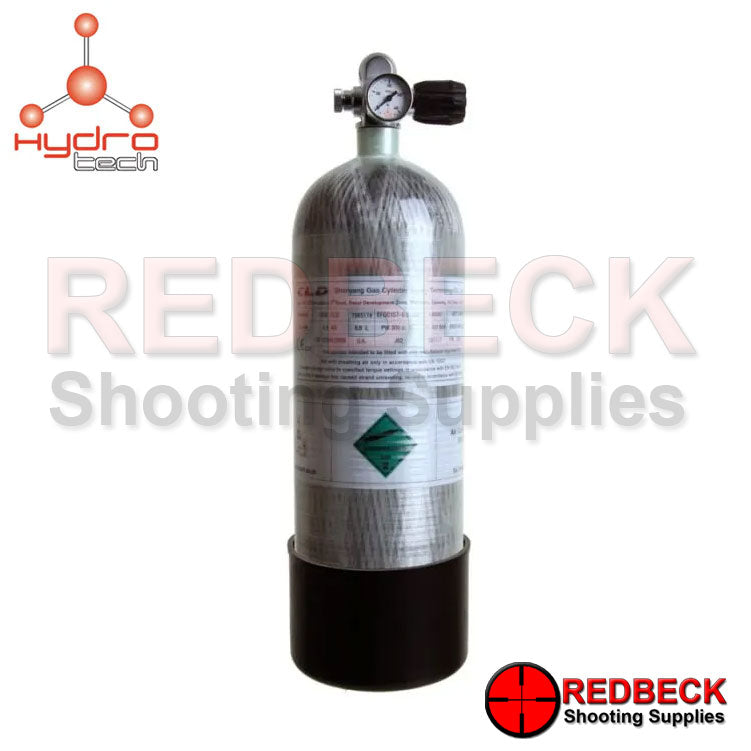 6.8 Litre Carbon Fibre Airgun and Air rifle charging bottle. Picture shows the full airgun charging cylinder, gauge and rubber boot.