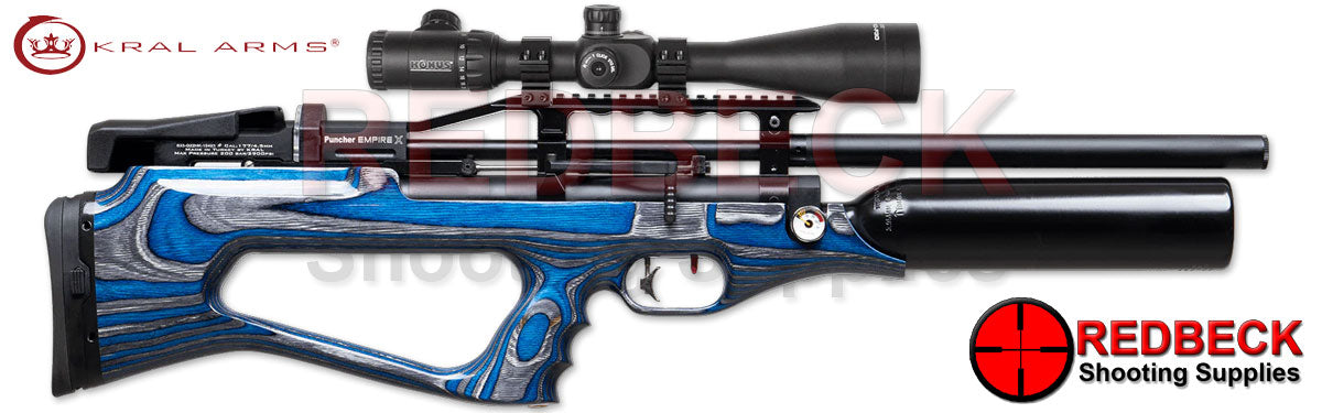 Kral Empire X Blue Laminate Right Hand View showing the picatinny rail and the magazine location.