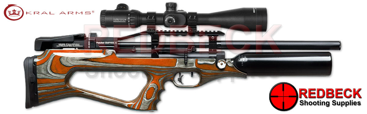 Kral Empire X Orange Laminate Right Hand View showing the sleek orange laminate stock with the adjustable butt pad