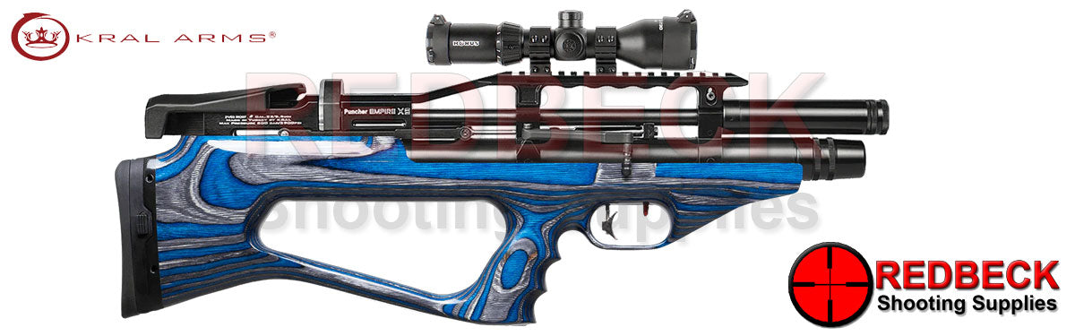 Kral Empire XS Blue Laminate Right Hand View Showing the magazine well and the right hand side lever.