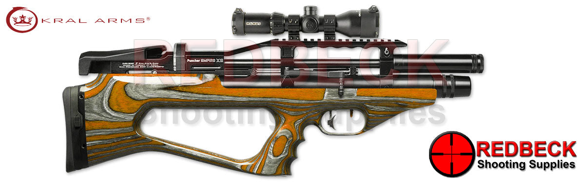 Kral Empire XS Orange Laminate Right Hand View showing the adjustable butt stock and the right hand cocking lever.