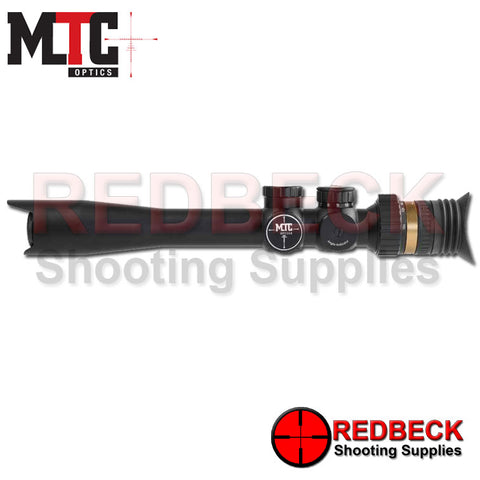 MTC VIPER CONNECT 4-16X32 SCOPE IR AMD2 RETICLE SHOWN FROM SIDE ANGLE. SHOWS AO ADJUSTMENT KNOB AND IR CONTROL.