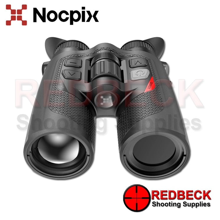 Nocpix QUEST H50R Thermal Imaging Binoculars With LRF front view slightly from the top. Showing front night vision and thermal lense and control buttons.