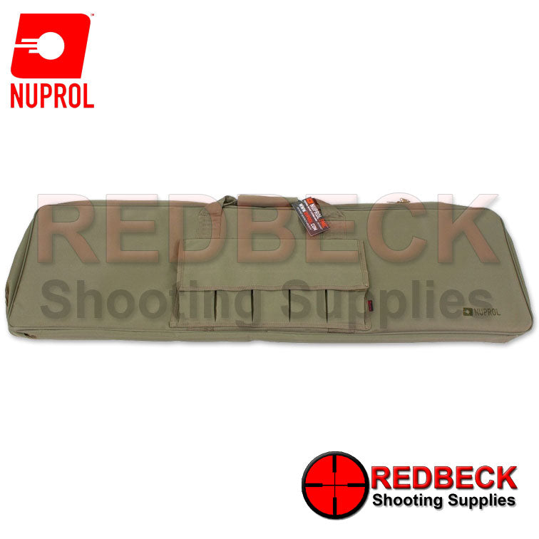 Nuprol Essential Rifle Bag 42 Green front view Showing the five exterior pockets.