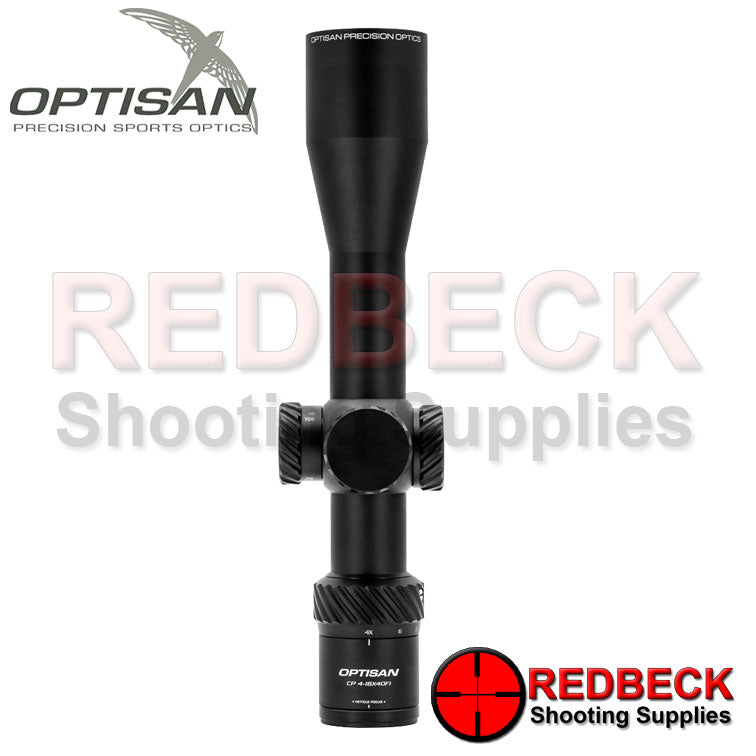 Optisan CP 4-16x40 F1 FFP Non Illuminated F1 MRAD Top View Showing The Optisan Writing Located On The Rear Of The Scope